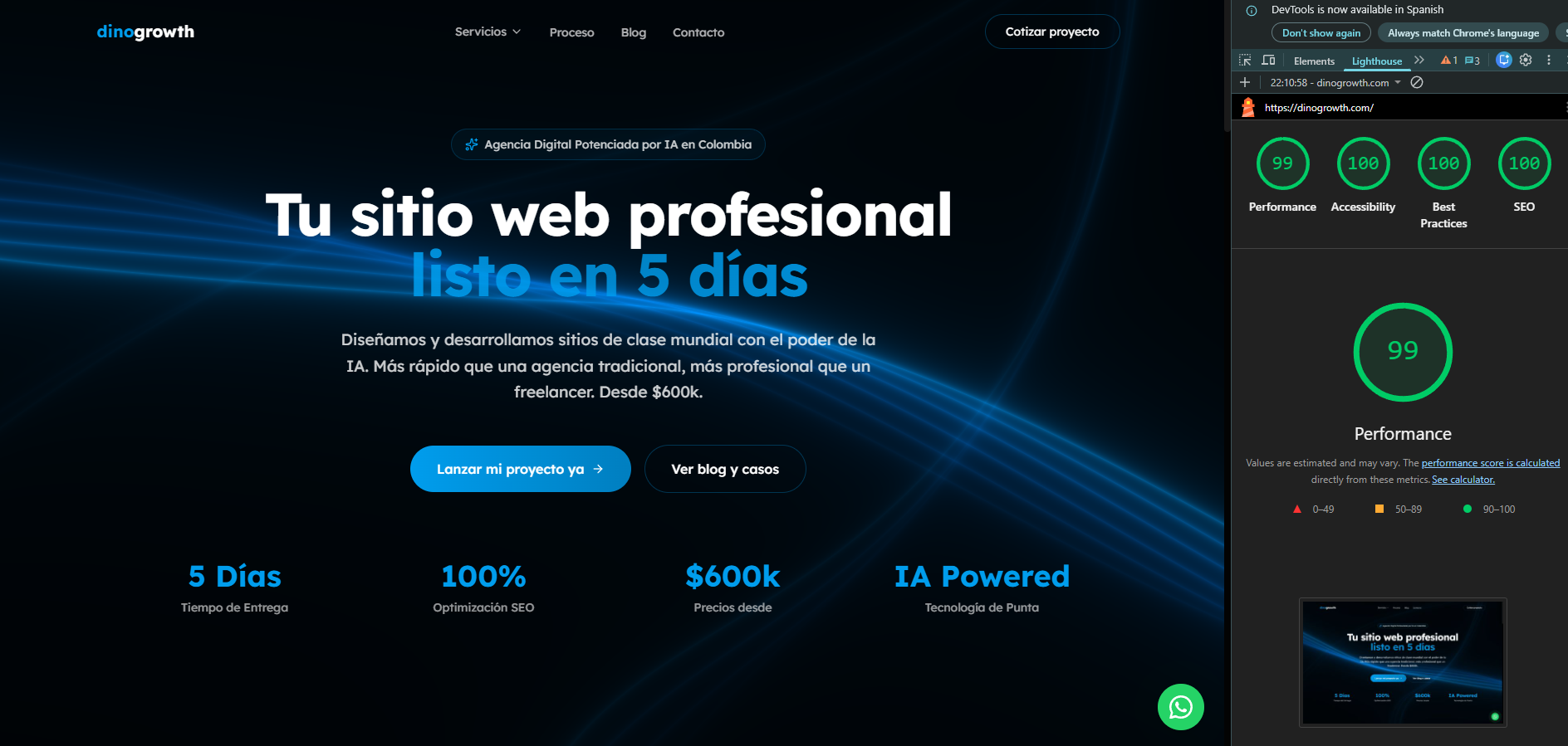 100/100 en SEO y casi perfecto en velocidad: así lo logramos en dinogrowth.com